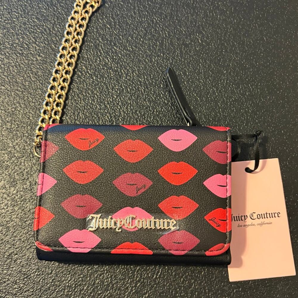 Juicy Couture Black Lip Print Trifold Wallet Wristlet NWT